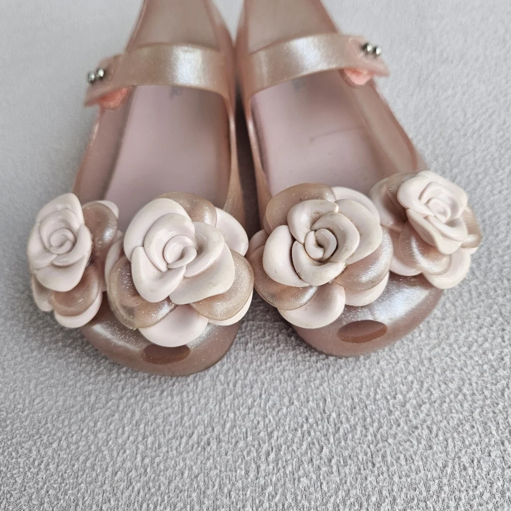 Mini Melissa Pink Sparkle Floral Rose Jelly Mary Jane Shoe Girl SZ 11 Spring